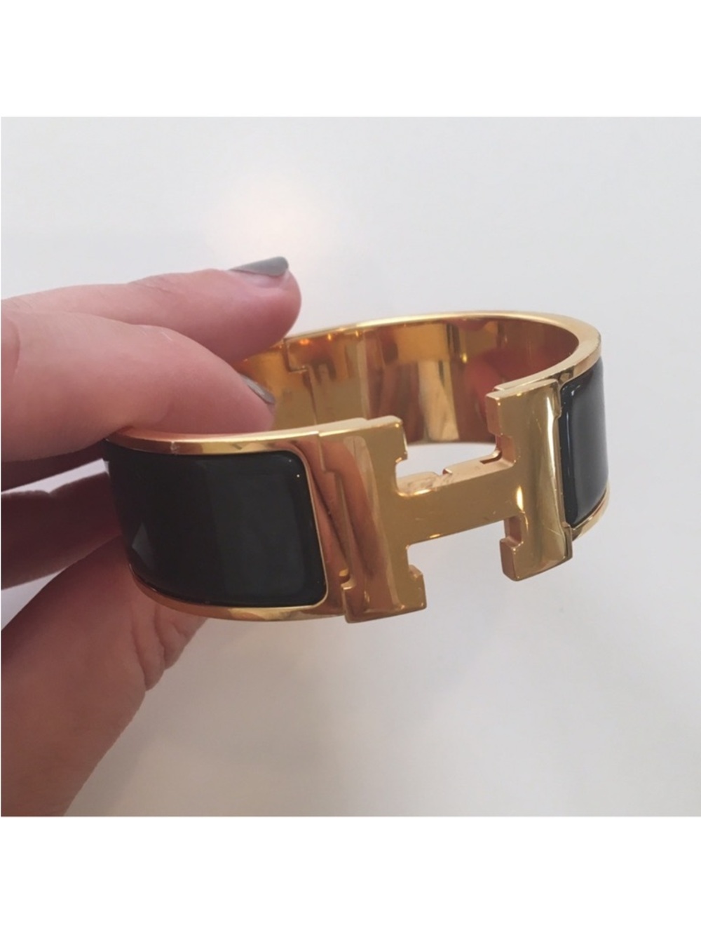 Hermes Gold-tone Cuff Bracelet with Black Enamel